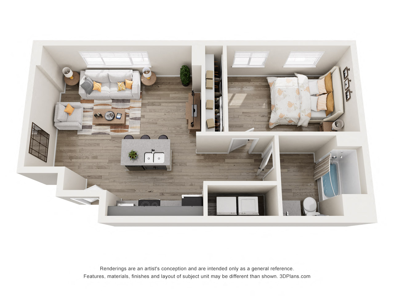 Floor plan for 1 bed, 1 bath, 690 sqft